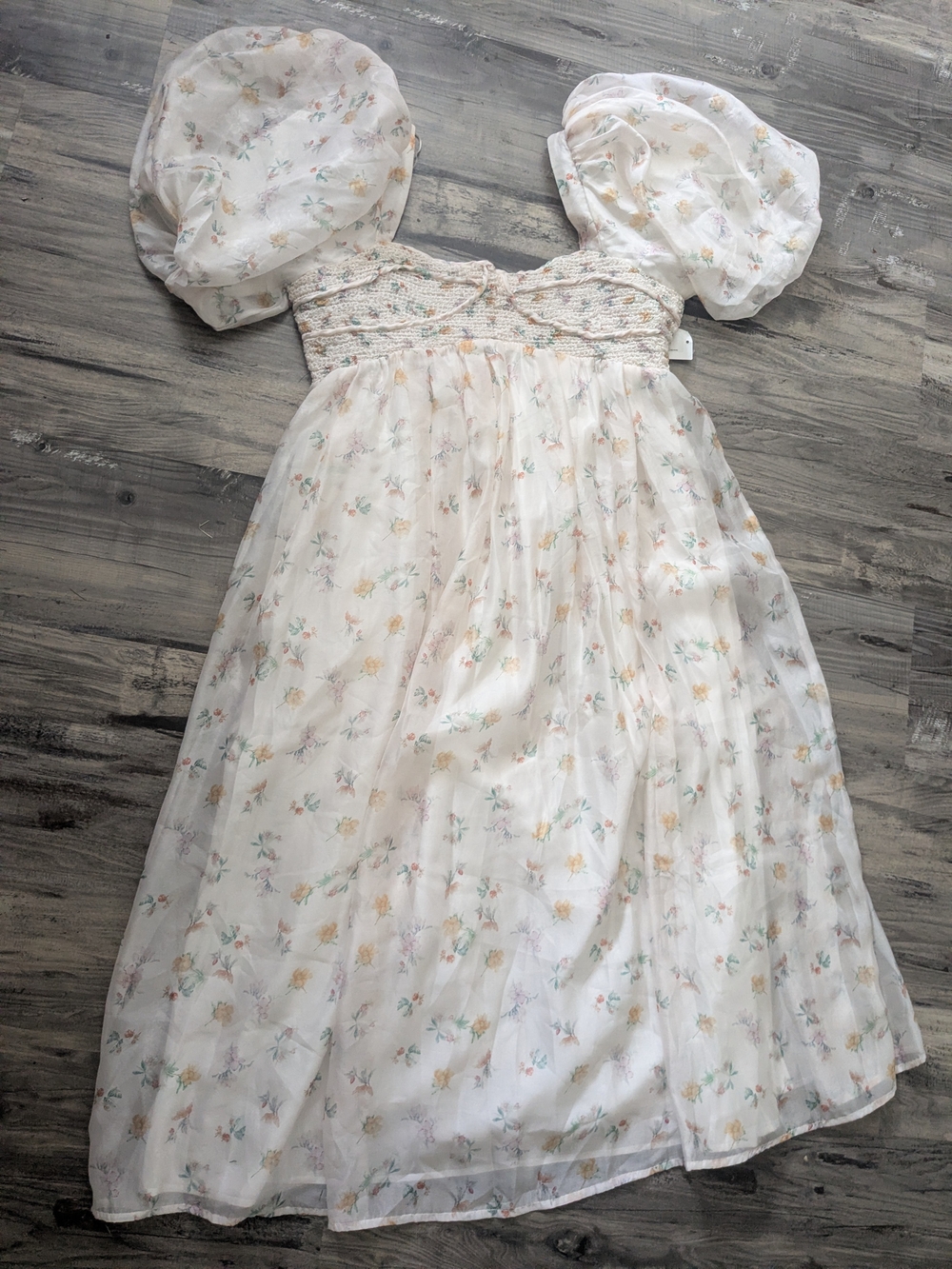 Women's Worth Collective Harlow Cream Floral Puff-Sleeve Smocked Bodice Dress